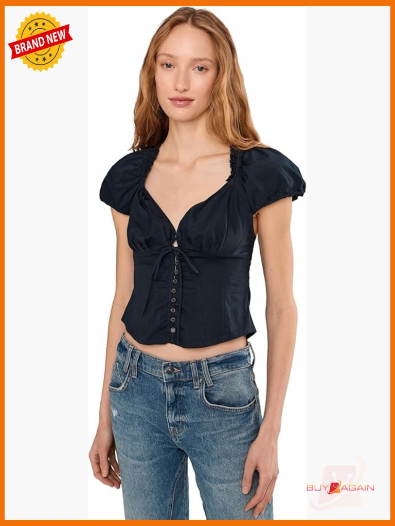 Short Sleeve Button Down Blouse, Cotton Blend, Sweetheart Neckline